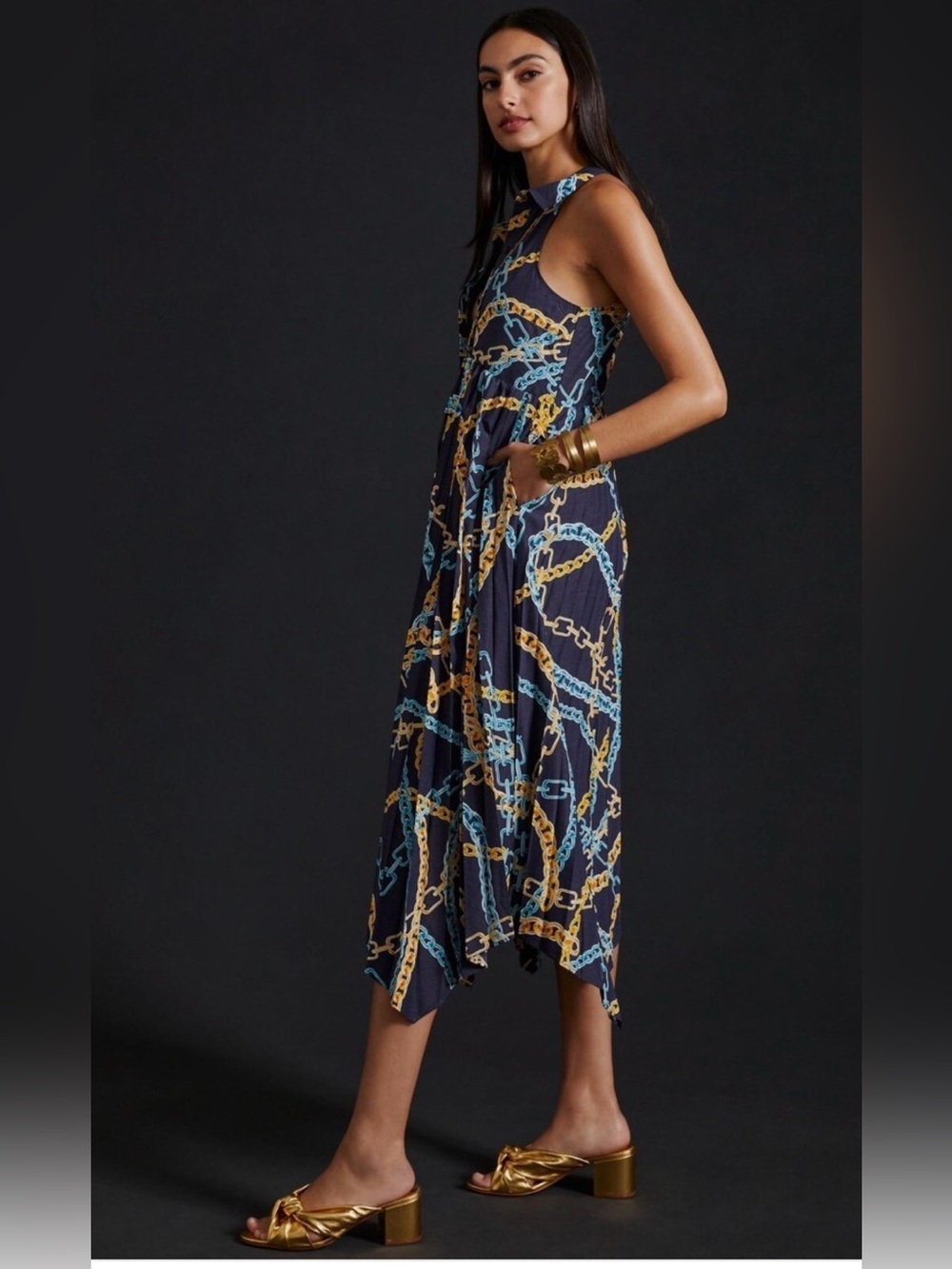 NWT Navy Halter Maxi Dress with Gold & Teal Chain Print size Small